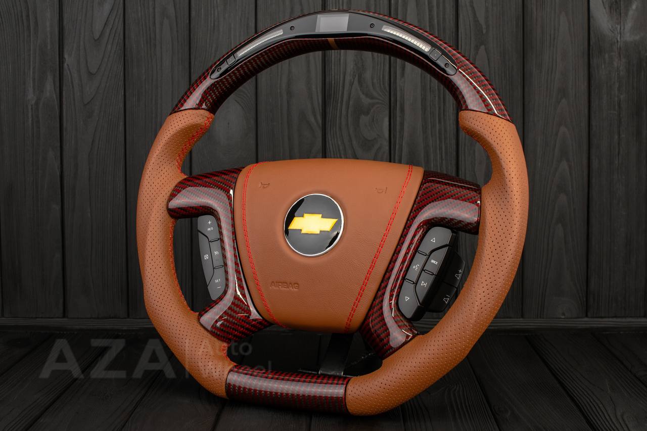 Steering wheel GM, Silverado, Sierra, Escalade (2007-2014) Red Carbon fiber/Brown genuine leather/Led screen - Image 3