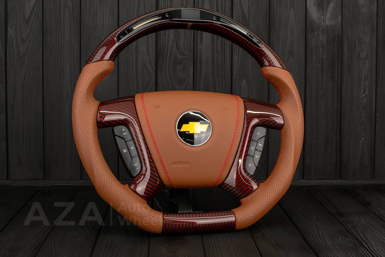 Steering wheel GM, Silverado, Sierra, Escalade (2007-2014) Red Carbon fiber/Brown genuine leather/Led screen - Image 4