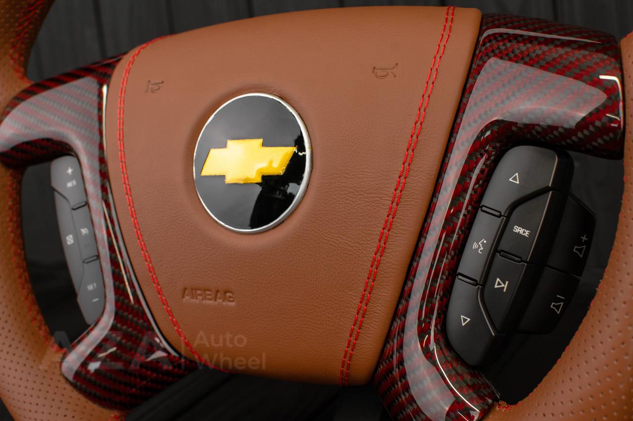 Steering wheel GM, Silverado, Sierra, Escalade (2007-2014) Red Carbon fiber/Brown genuine leather/Led screen - Image 9