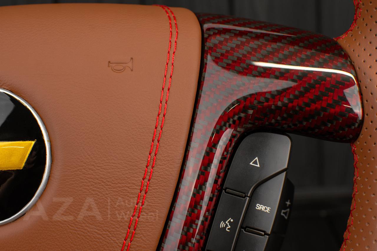 Steering wheel GM, Silverado, Sierra, Escalade (2007-2014) Red Carbon fiber/Brown genuine leather/Led screen - Image 10