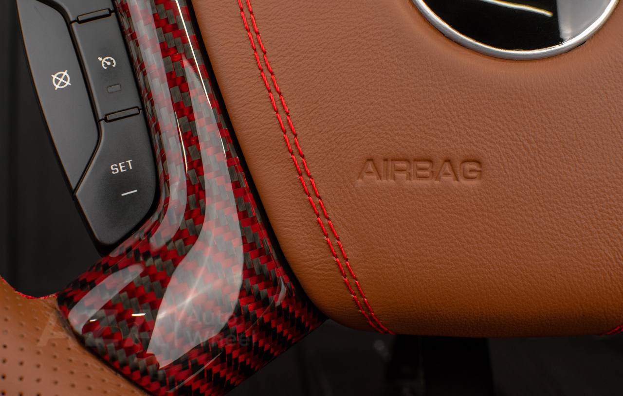 Steering wheel GM, Silverado, Sierra, Escalade (2007-2014) Red Carbon fiber/Brown genuine leather/Led screen - Image 11