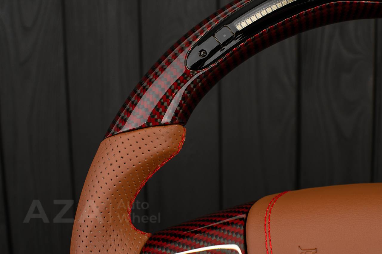Steering wheel GM, Silverado, Sierra, Escalade (2007-2014) Red Carbon fiber/Brown genuine leather/Led screen - Image 15
