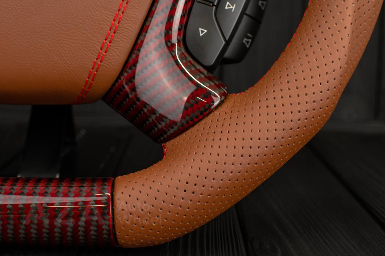 Steering wheel GM, Silverado, Sierra, Escalade (2007-2014) Red Carbon fiber/Brown genuine leather/Led screen - Image 16