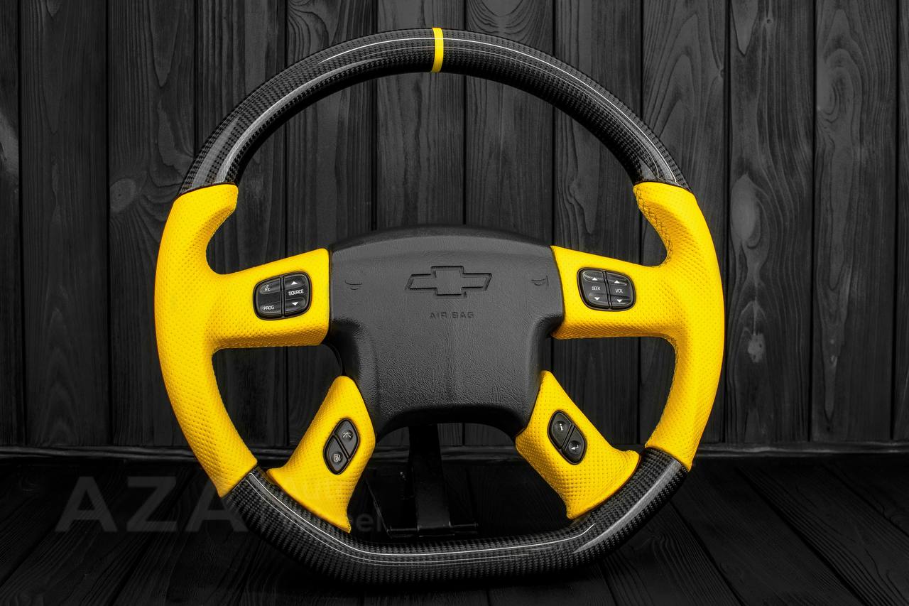 Steering wheel GM, Silverado, Sierra, Yukon, H2, Trailblazer (2003+) Carbon fiber/Yellow Perforated leather/Yellow stripe - Image 2