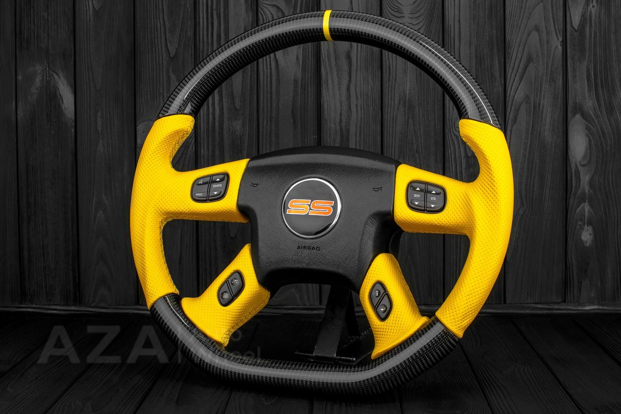 Steering wheel GM, Silverado, Sierra, Yukon, H2, Trailblazer (2003+) Carbon fiber/Yellow Perforated leather/Yellow stripe - Image 3