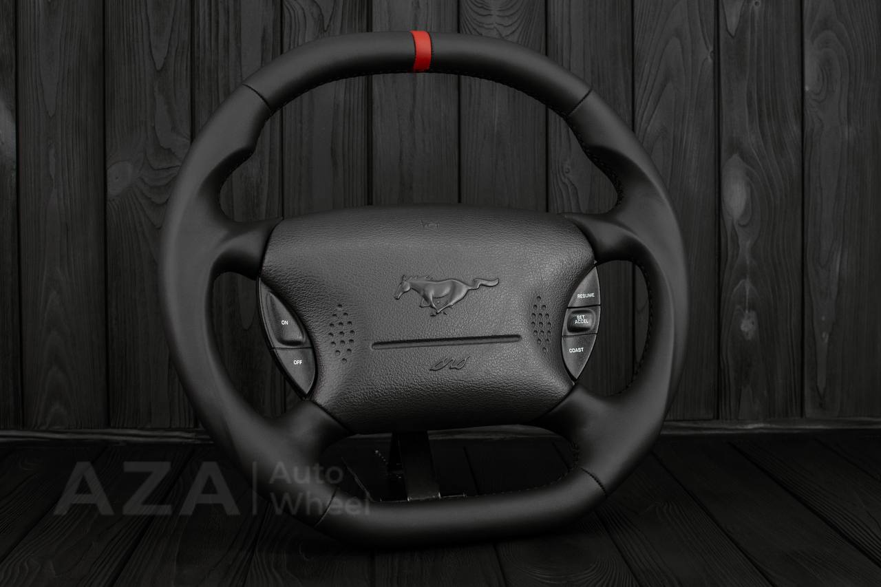 Steering wheel Ford Mustang GT Cobra 94-04 FLAT TOP/BOTTOM/Napa leather/RED STRIPE - Image 3