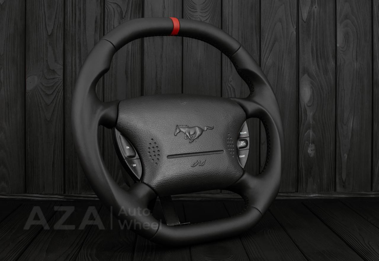 Steering wheel Ford Mustang GT Cobra 94-04 FLAT TOP/BOTTOM/Napa leather/RED STRIPE - Image 4