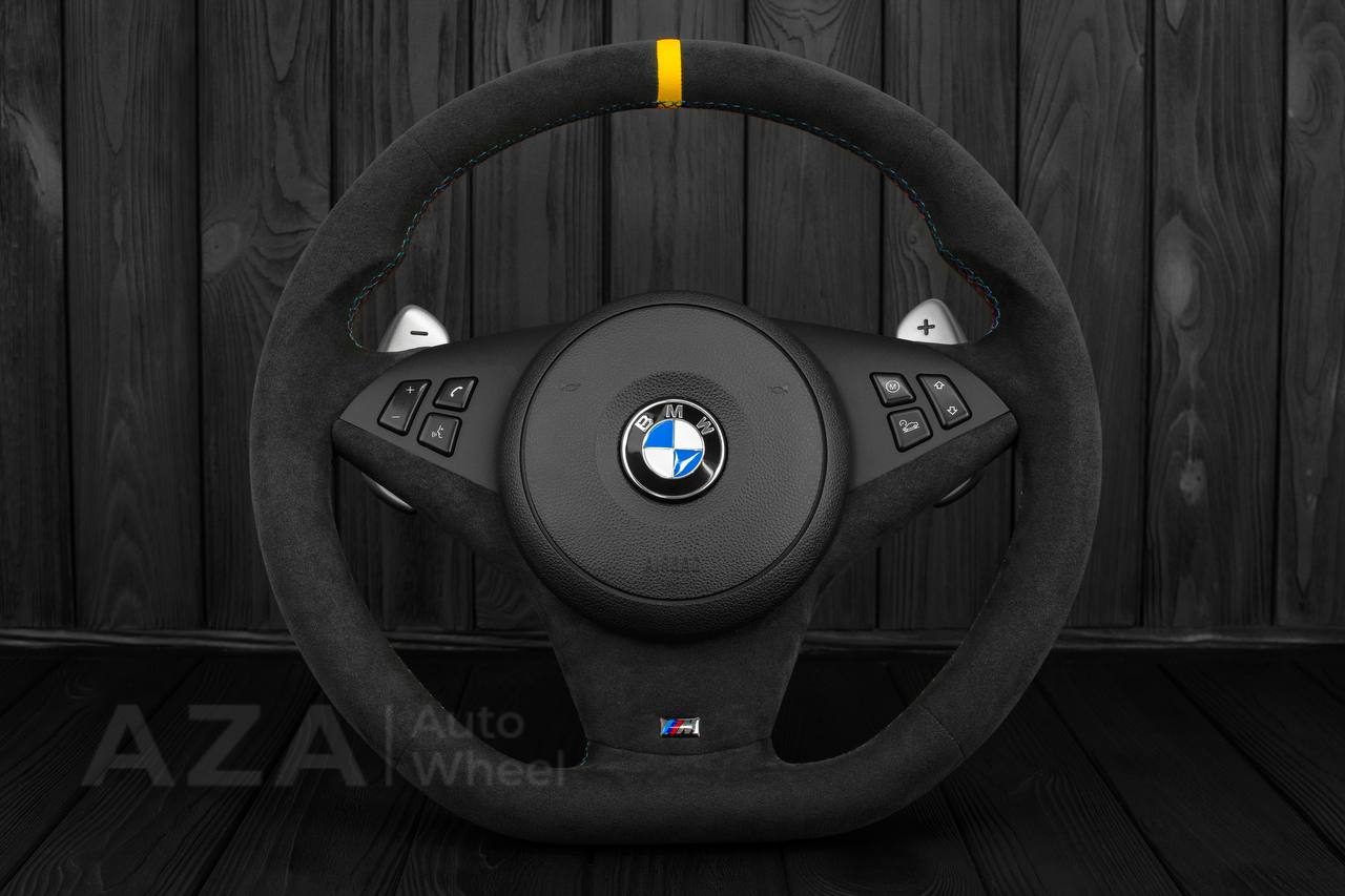Steering wheel BMW E6X SMG Paddle Shift Alcantara/Flat bottom/Yellow stripe - Image 3