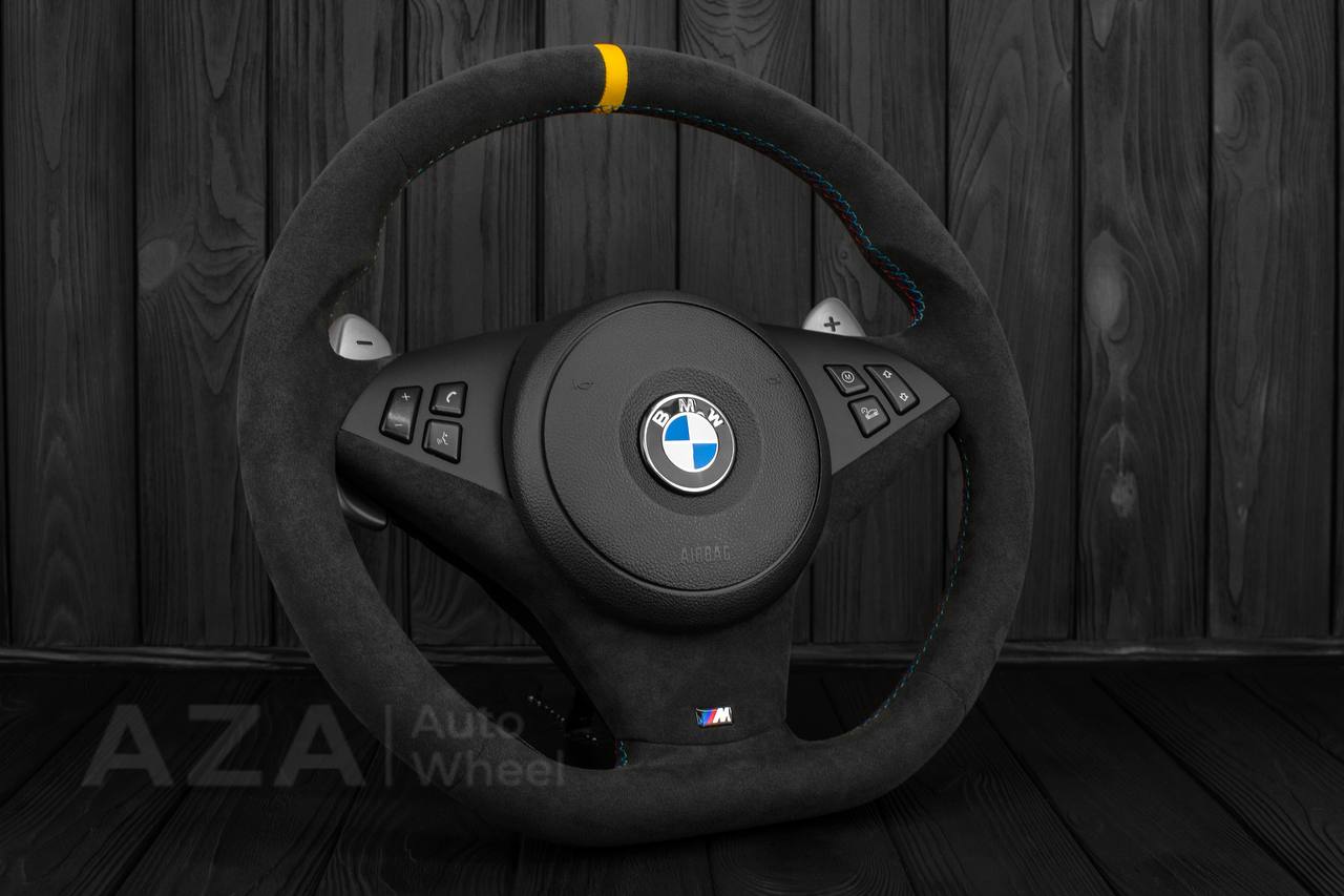 Steering wheel BMW E6X SMG Paddle Shift Alcantara/Flat bottom/Yellow stripe - Image 4