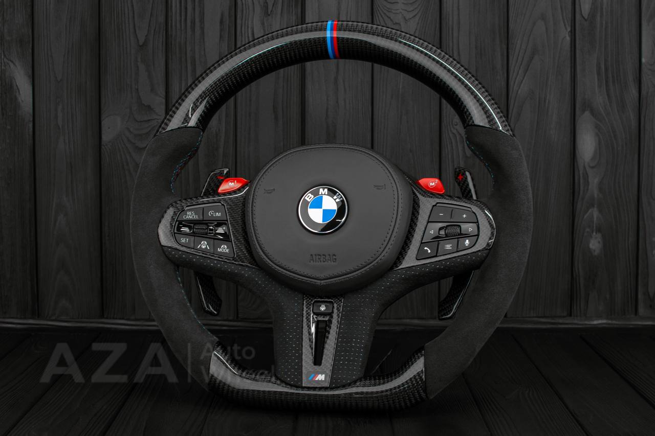 Steering wheel 2017+ BMW F90 M5 G80 M3 M4 M8 X5M X6M X3M X4M Carbon fiber/Perforated leather/M stripe (drivers assist+heated)