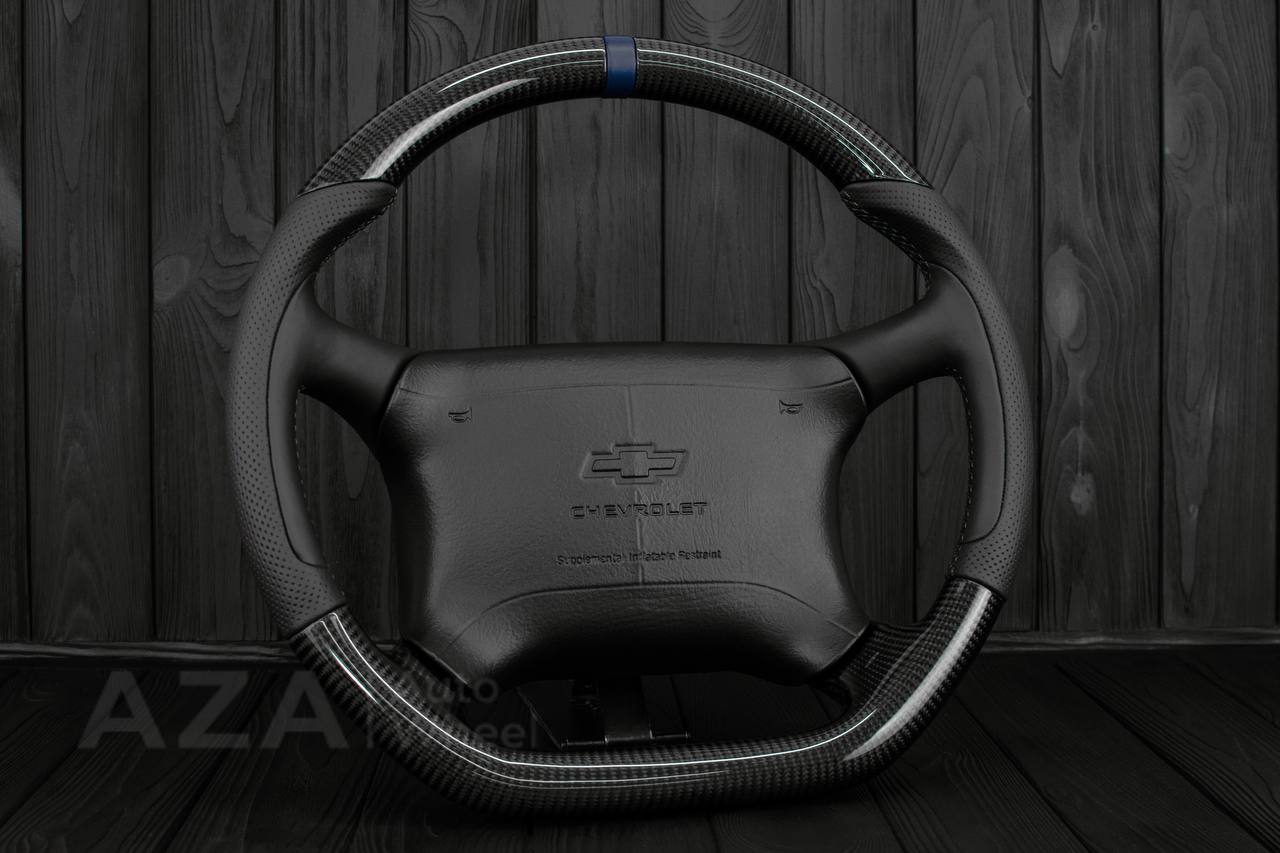 Steering wheel GM, Tahoe, Silverado, Sierra truck (1995-1997) Carbon fiber/Perforated leather/Blue stripe (can be any color) - Image 3