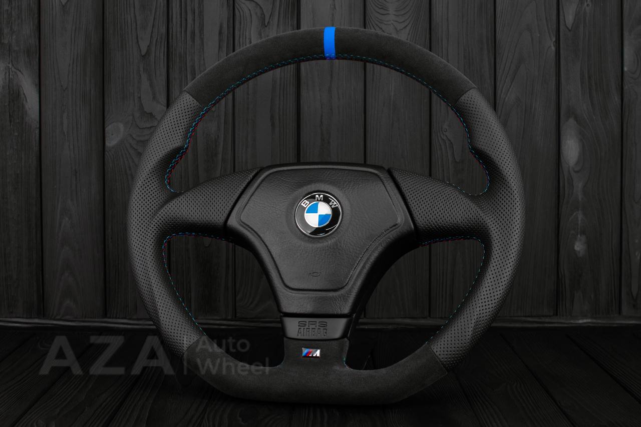 Steering wheel BMW E36 Euro Alcantara/Perforated leather/Light blue stripe - Image 3