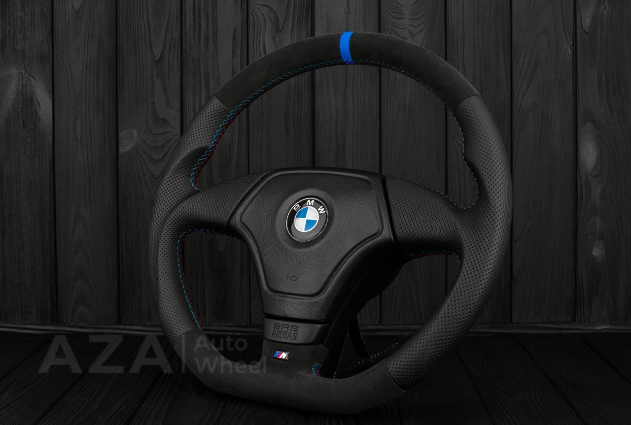 Steering wheel BMW E36 Euro Alcantara/Perforated leather/Light blue stripe - Image 4