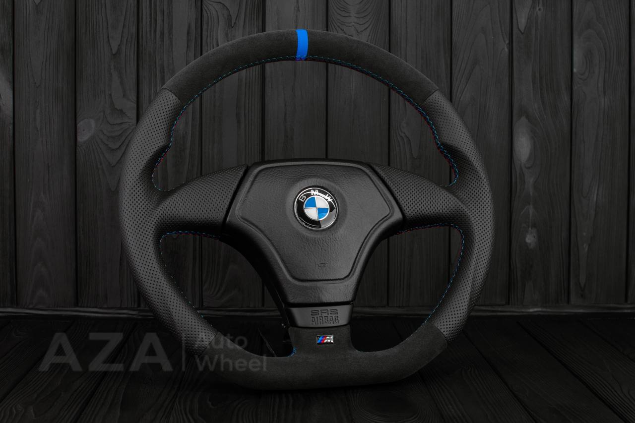 Steering wheel BMW E36 Euro Alcantara/Perforated leather/Light blue stripe - Image 5