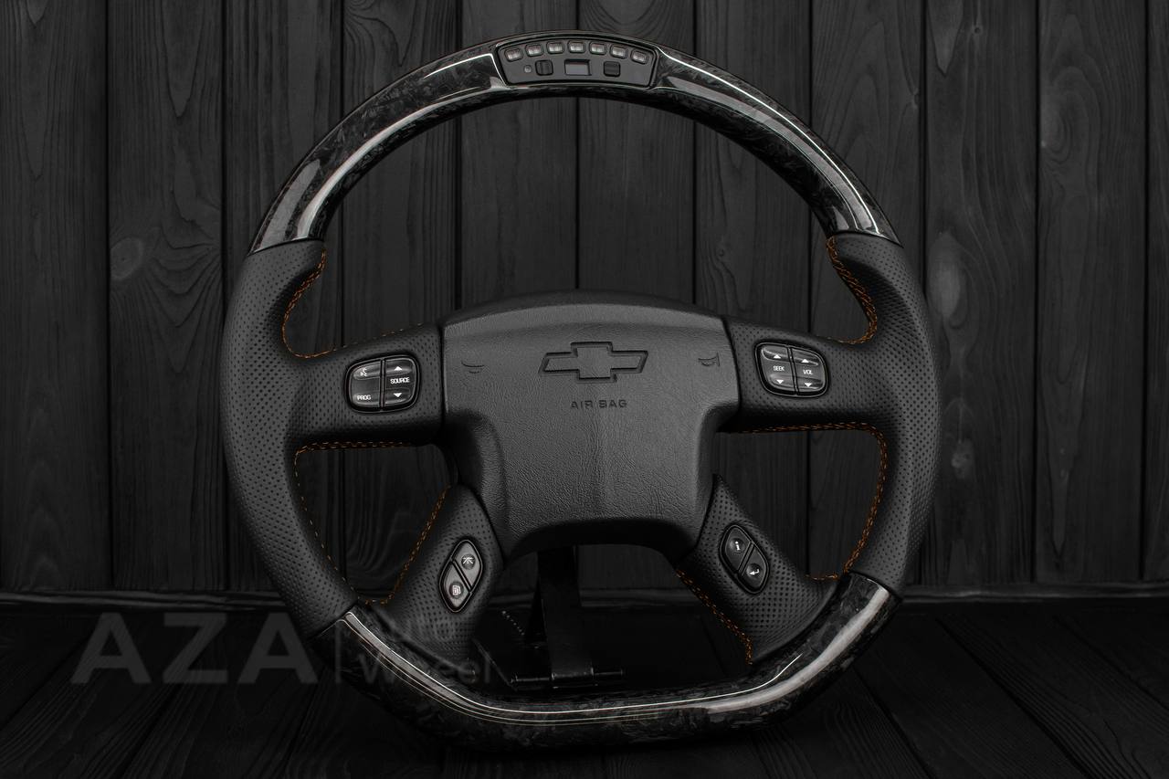 Steering wheel GM, Silverado, Sierra, Yukon, H2, Trailblazer (2003+) Forged carbon fiber/Perforated leather/Performance REV display - Image 3