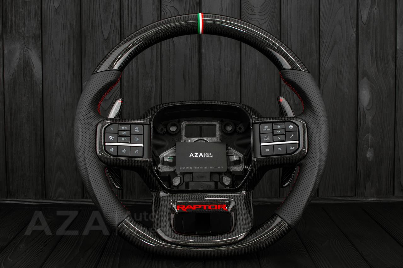 Steering wheel FORD RAPTOR 2021-2025 Carbon fiber/Perforated leather/Red stitch/HEATED (can be any color)