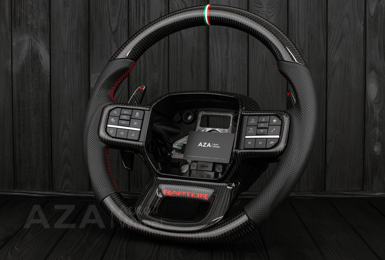 Steering wheel FORD RAPTOR 2021-2025 Carbon fiber/Perforated leather/Red stitch/HEATED (can be any color) - Image 3
