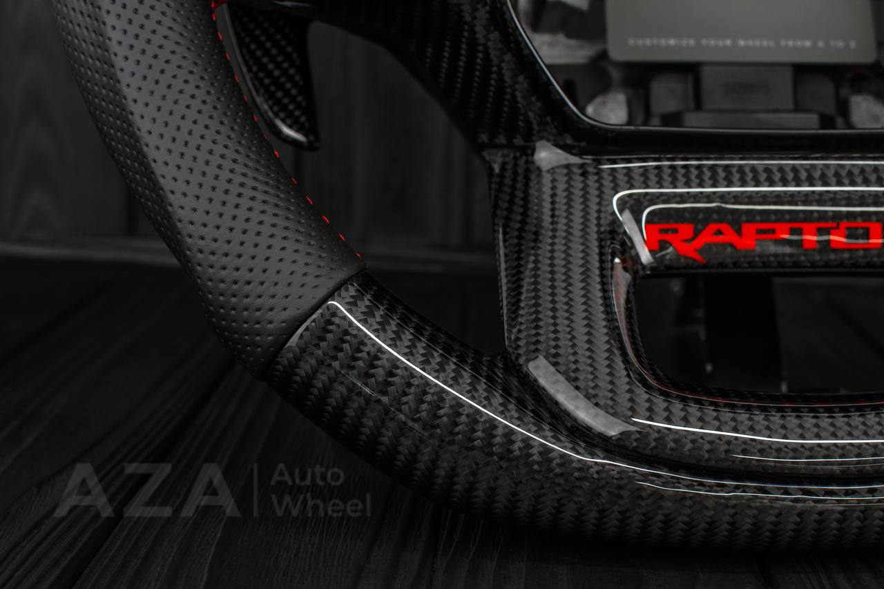 Steering wheel FORD RAPTOR 2021-2025 Carbon fiber/Perforated leather/Red stitch/HEATED (can be any color) - Image 11