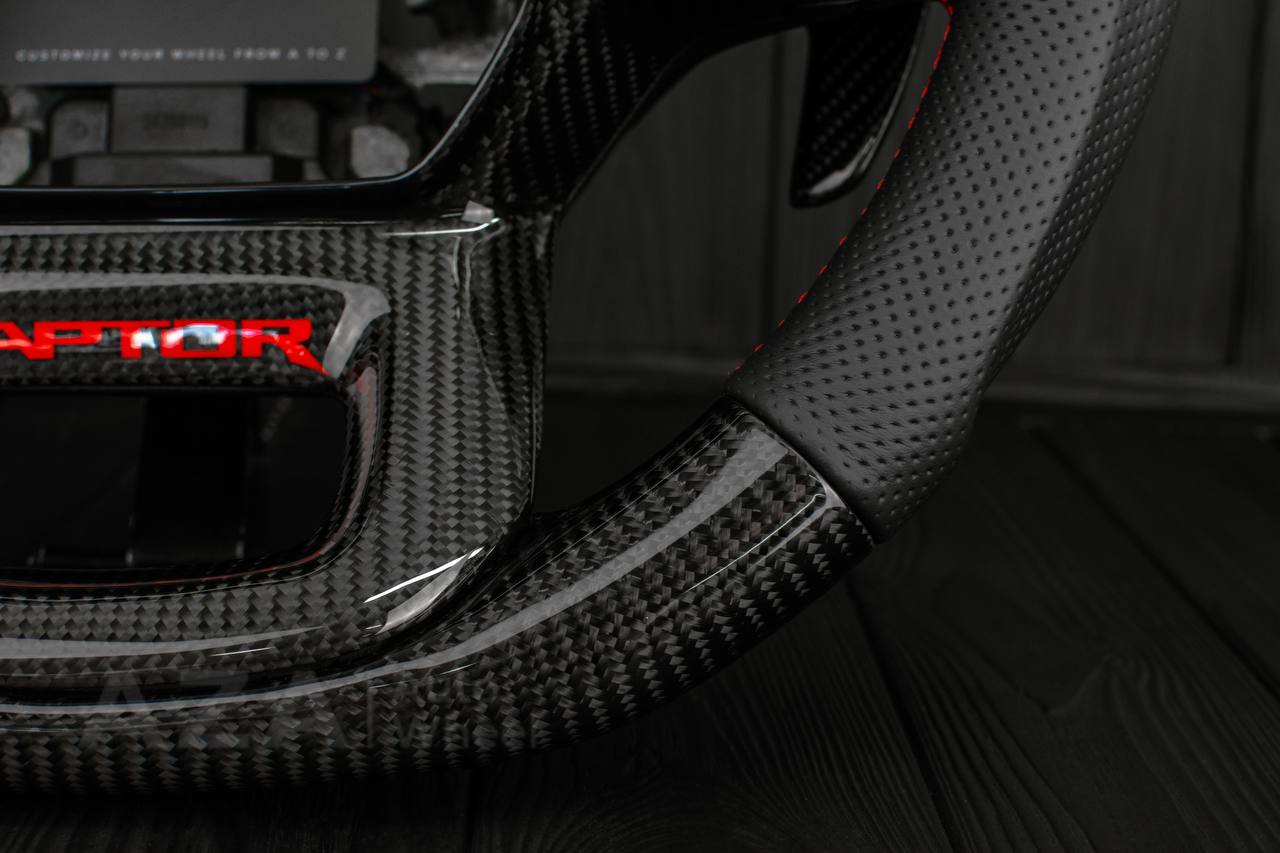 Steering wheel FORD RAPTOR 2021-2025 Carbon fiber/Perforated leather/Red stitch/HEATED (can be any color) - Image 12