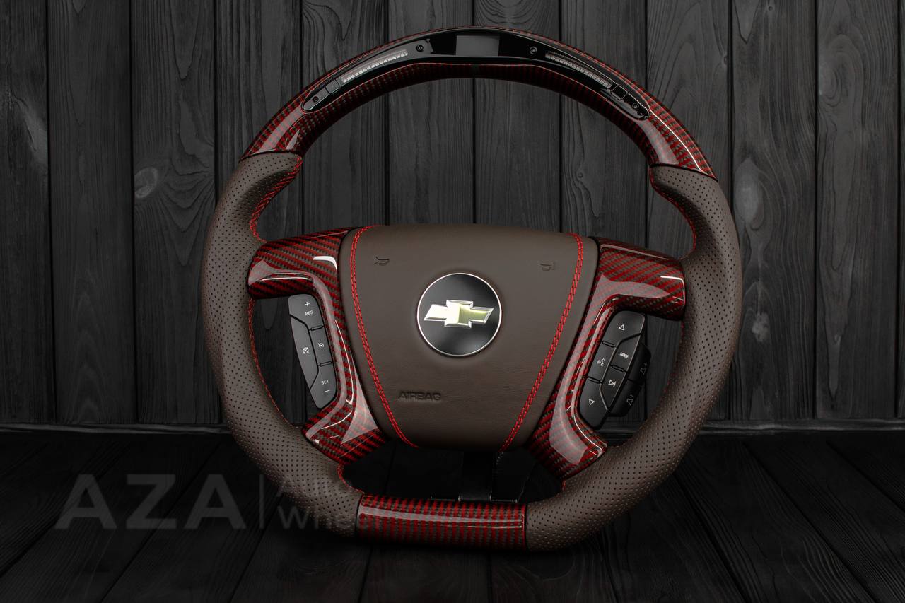 Steering wheel GM, Silverado, Sierra, Escalade (2007-2014) Red Carbon fiber/Chocolate genuine leather/Led screen - Image 3