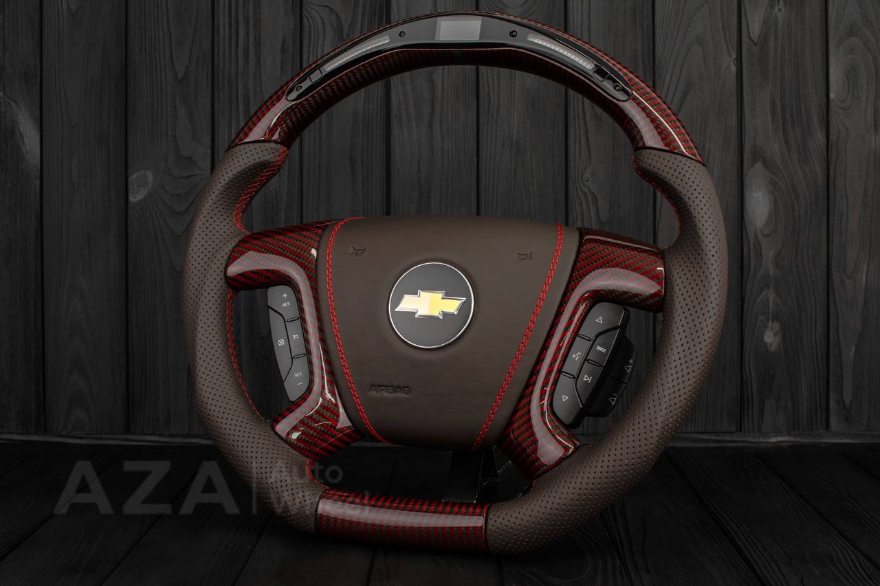 Steering wheel GM, Silverado, Sierra, Escalade (2007-2014) Red Carbon fiber/Chocolate genuine leather/Led screen - Image 4