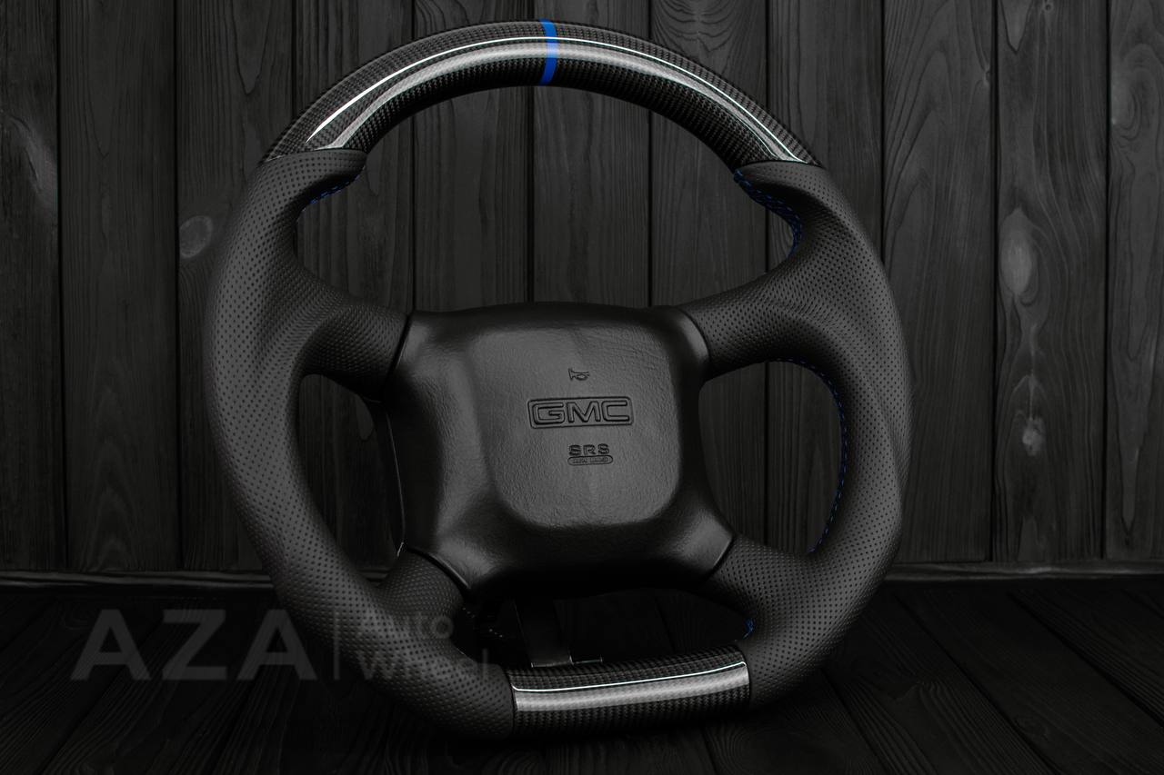 Steering wheel GM Silverado, Sierra, Escalade, Yukon, S10, Blazer, Tahoe, Suburban (1998-2002) Carbon fiber/Perforated leather/Dark blue details - Image 4