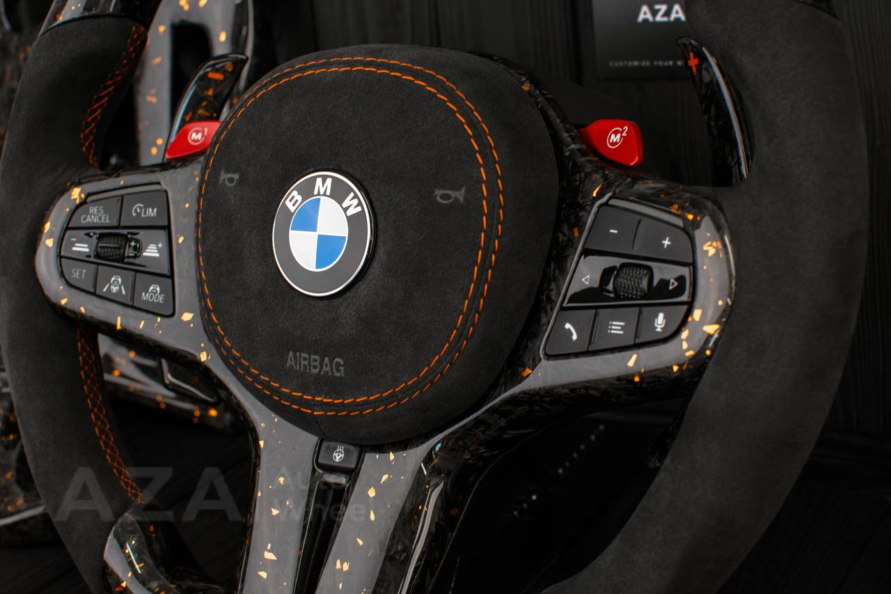 Steering wheel BMW F90 M5 2018-2024 +complete interior kit . Real Forged Carbon/Orange flakes (can be any color flakes) hand built to order approx wait time 3-4 months. - Image 2