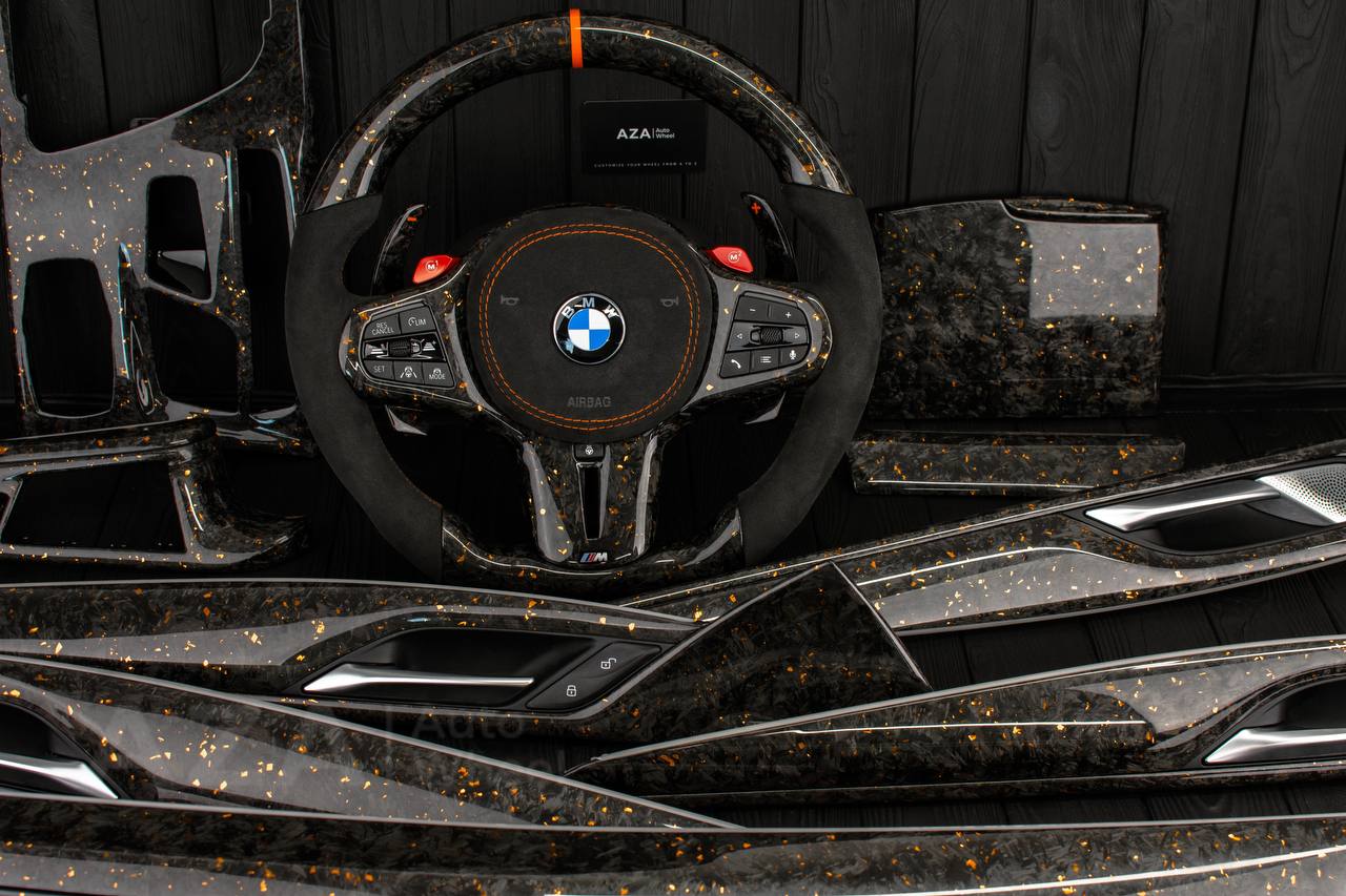 Steering wheel BMW F90 M5 2018-2024 +complete interior kit . Real Forged Carbon/Orange flakes (can be any color flakes) hand built to order approx wait time 3-4 months.