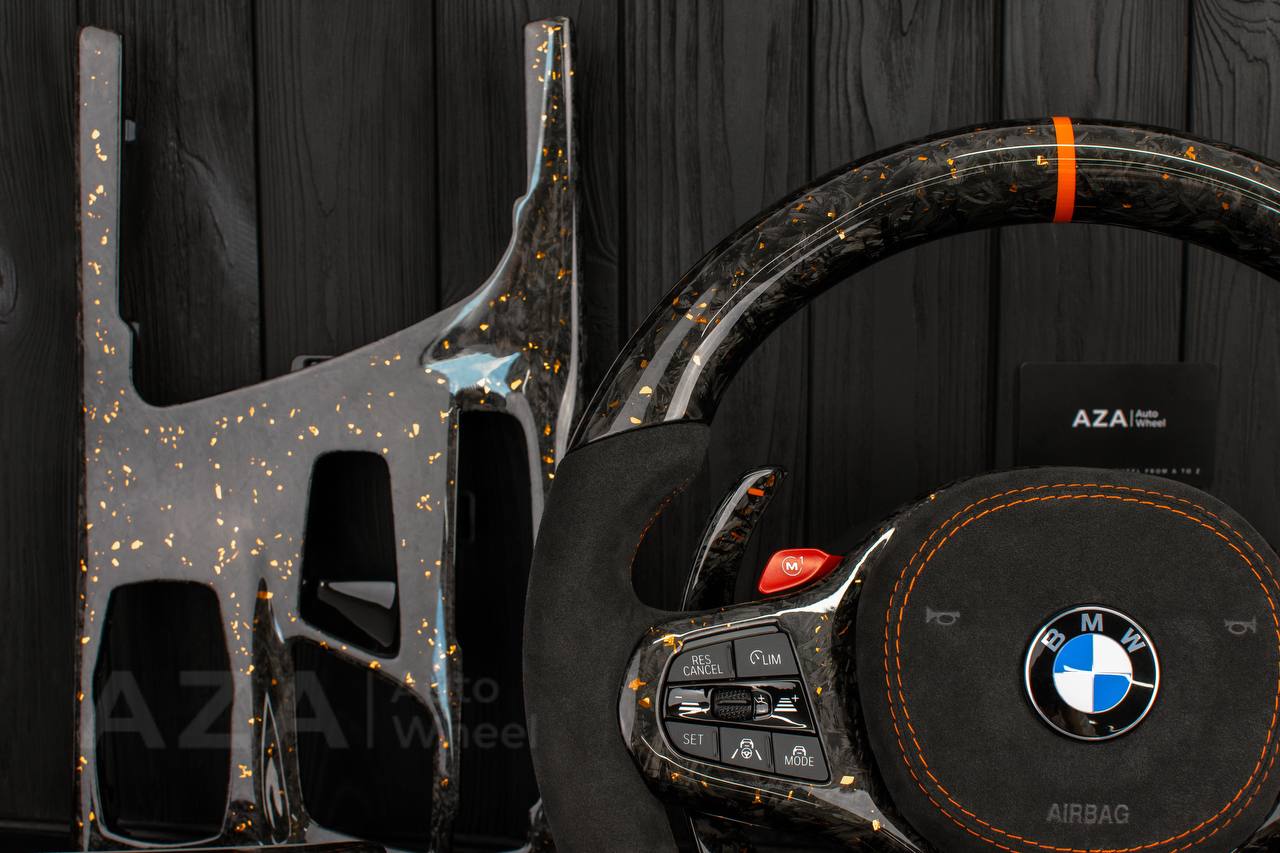 Steering wheel BMW F90 M5 2018-2024 +complete interior kit . Real Forged Carbon/Orange flakes (can be any color flakes) hand built to order approx wait time 3-4 months. - Image 4