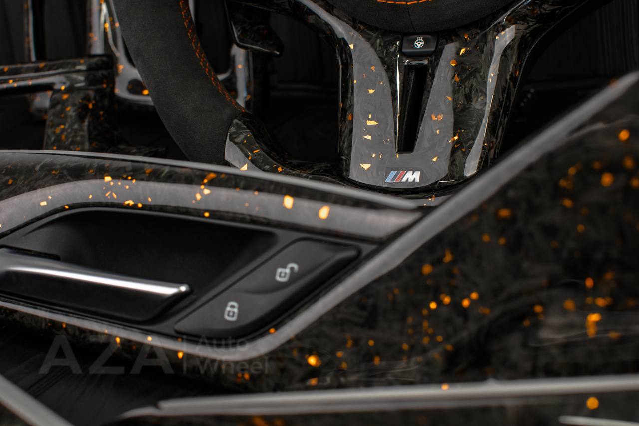Steering wheel BMW F90 M5 2018-2024 +complete interior kit . Real Forged Carbon/Orange flakes (can be any color flakes) hand built to order approx wait time 3-4 months. - Image 5
