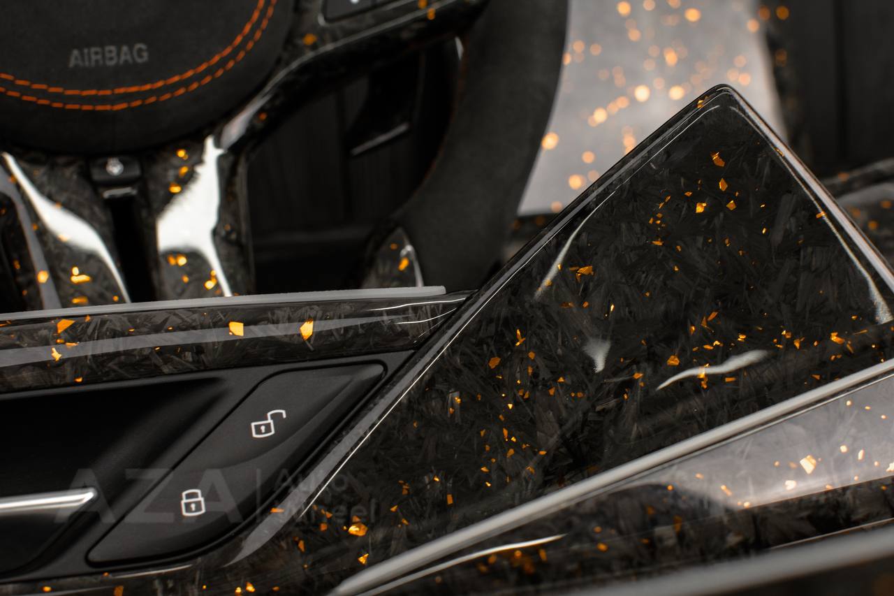 Steering wheel BMW F90 M5 2018-2024 +complete interior kit . Real Forged Carbon/Orange flakes (can be any color flakes) hand built to order approx wait time 3-4 months. - Image 7