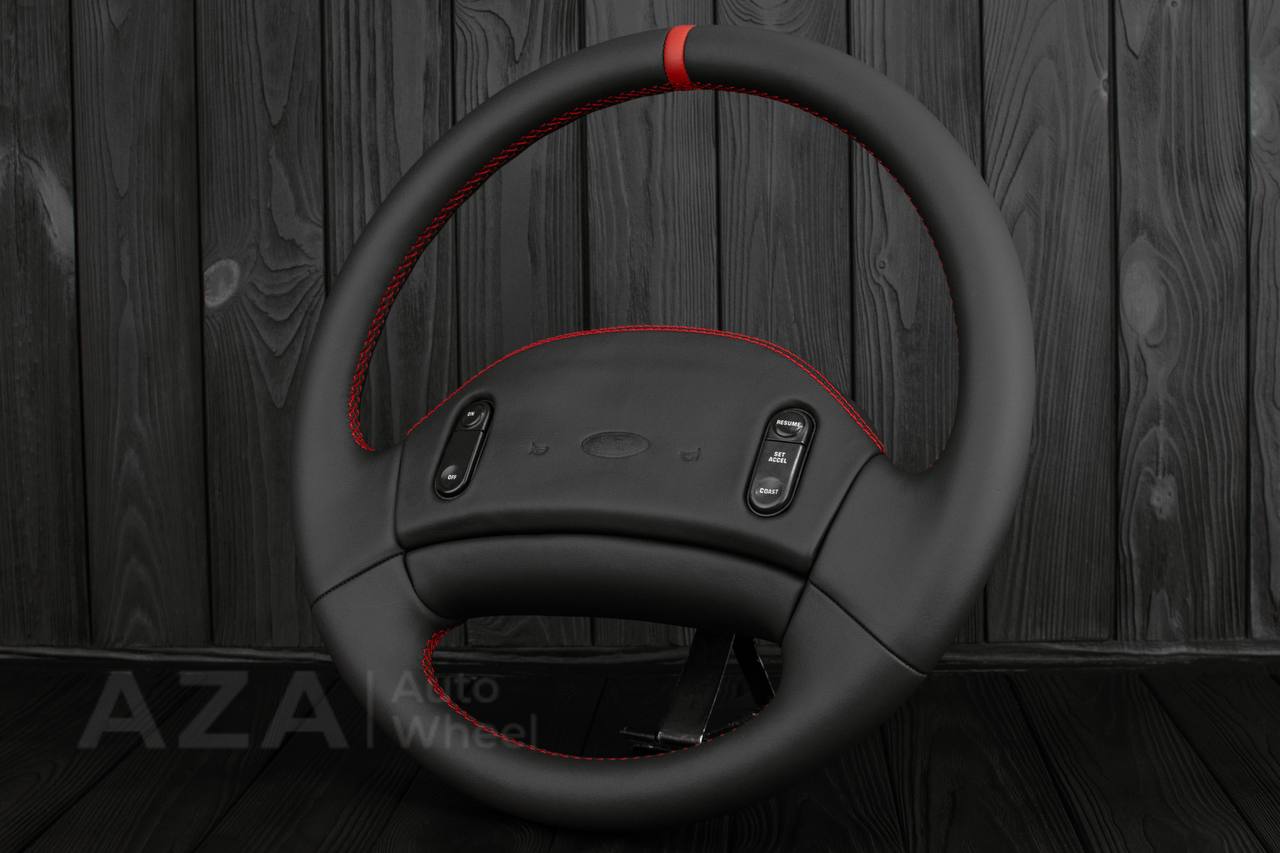 Steering wheel Ford F150 Lightning /F250/F350/Bronco 1992-1997 Smooth Italian leather/Red details/Center cover (cruise control) - Image 2