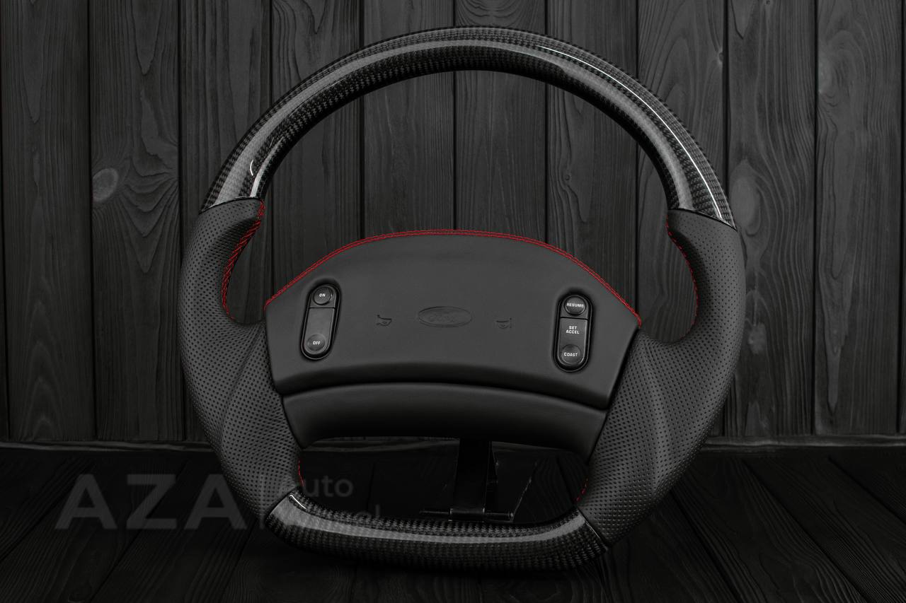 Steering wheel Ford F150 Lightning /F250/F350/Bronco 1992-1996 Custom Flat bottom Carbon/Perforated leather/ Red details - Image 2
