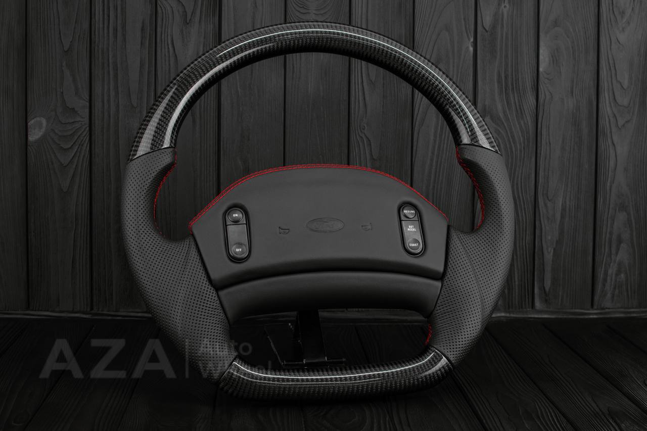 Steering wheel Ford F150 Lightning /F250/F350/Bronco 1992-1996 Custom Flat bottom Carbon/Perforated leather/ Red details - Image 4